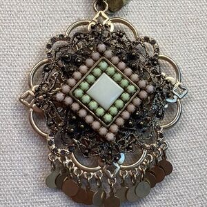 Chico’s Gold Pink Green Pendant with Dangle Necklace